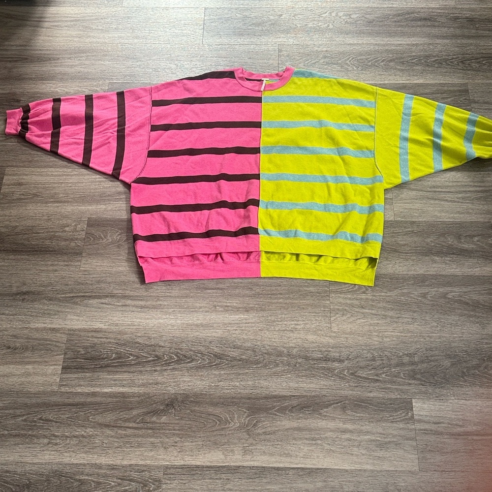 Free People Pink and Yellow Striped Sweater Large Oversized Color block Crewneck - Picture 3 of 7